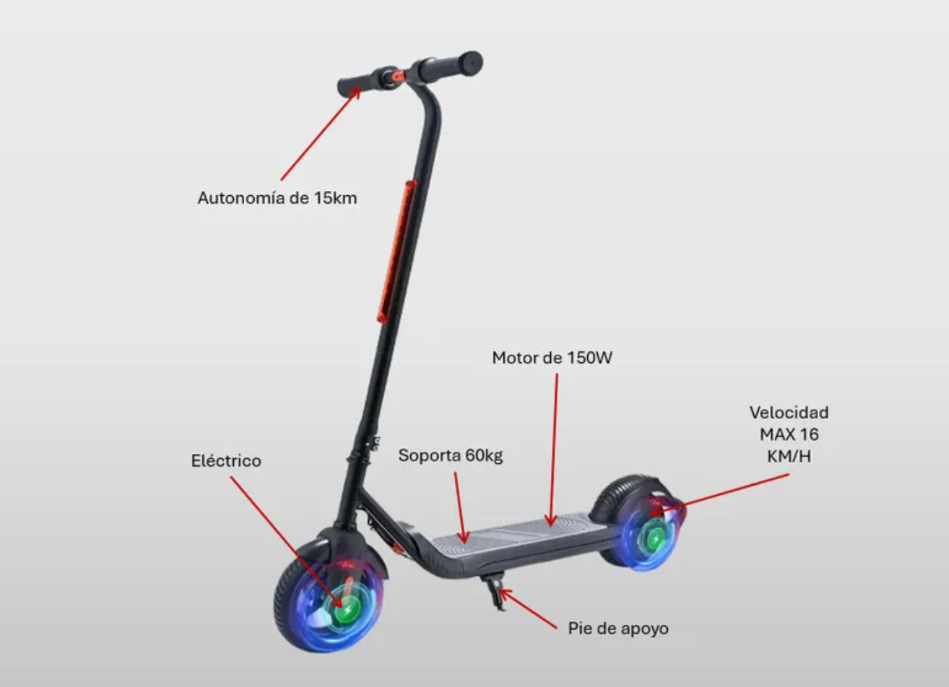 Scooter Electrico Vel 16 Km/h 150w Para Niños Color Negro