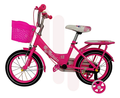 Bicicleta Infantil R-14 Con Canastilla y ruedas de Entrenamiento Color Fucsia