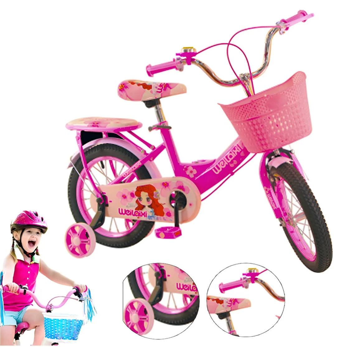 Bicicleta Infantil R-14 Con Canastilla y ruedas de Entrenamiento Color Fucsia
