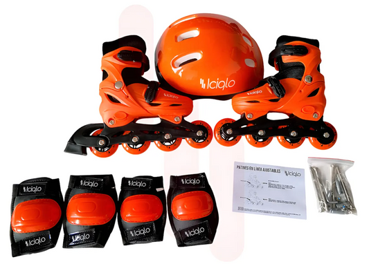 Patines 3 En 1 Ajustables Con Casco y Rodilleras / 19cm A 21cm 6 Cm Color Naranja